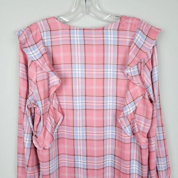 Bobeau Pink Blue Ruffle Button Down Long Sleeves Plaid Babydoll Shirt Size XS - Picture 8 of 12